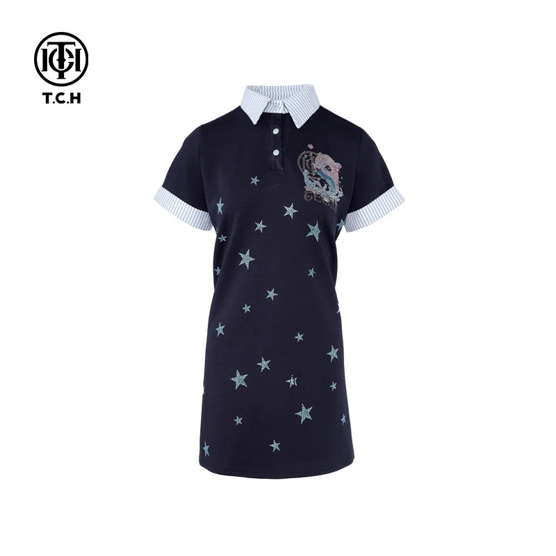 -TCH小海豚烫钻时尚休闲春夏针织女士翻领连衣裙T75A30E5006