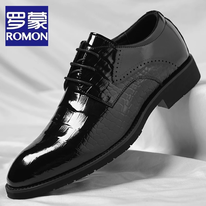 Romon/罗蒙2025秋季新款商务正装皮鞋男黑色尖头英伦透气新郎婚鞋