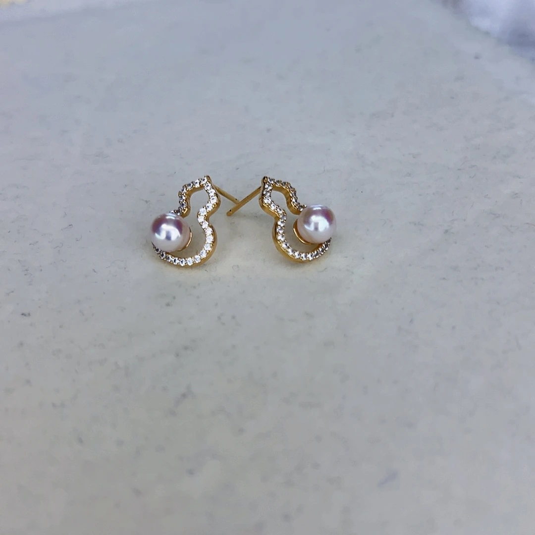 海水珍珠海水akoya设计款耳钉5-6mm银S925镶嵌