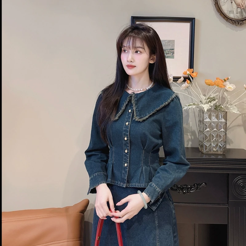 复古翻领牛仔小衫a字裙套装春季ins风时尚两件套裙子SZ1906680