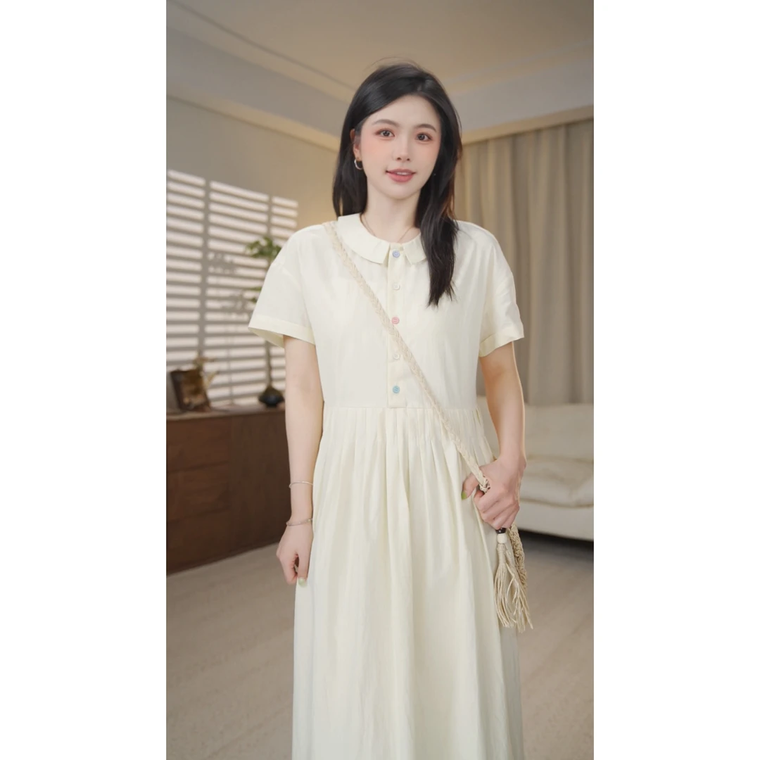 圆圆自制【五彩缤纷】 娃娃领彩色排扣系带长款连衣裙 YY 8396