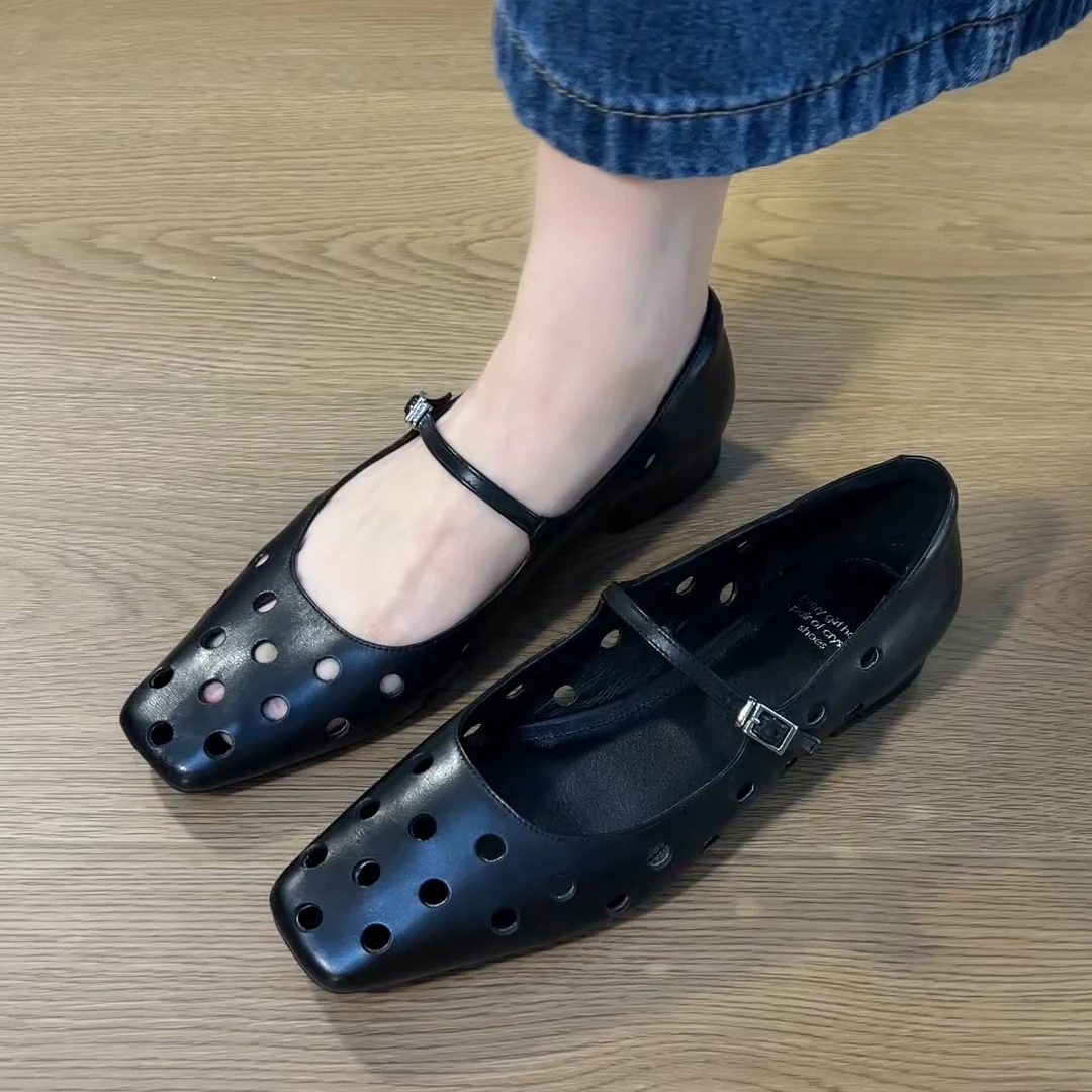 单鞋新款2025夏季新款韩版镂空牛皮舒适方头软底软皮玛丽珍单鞋