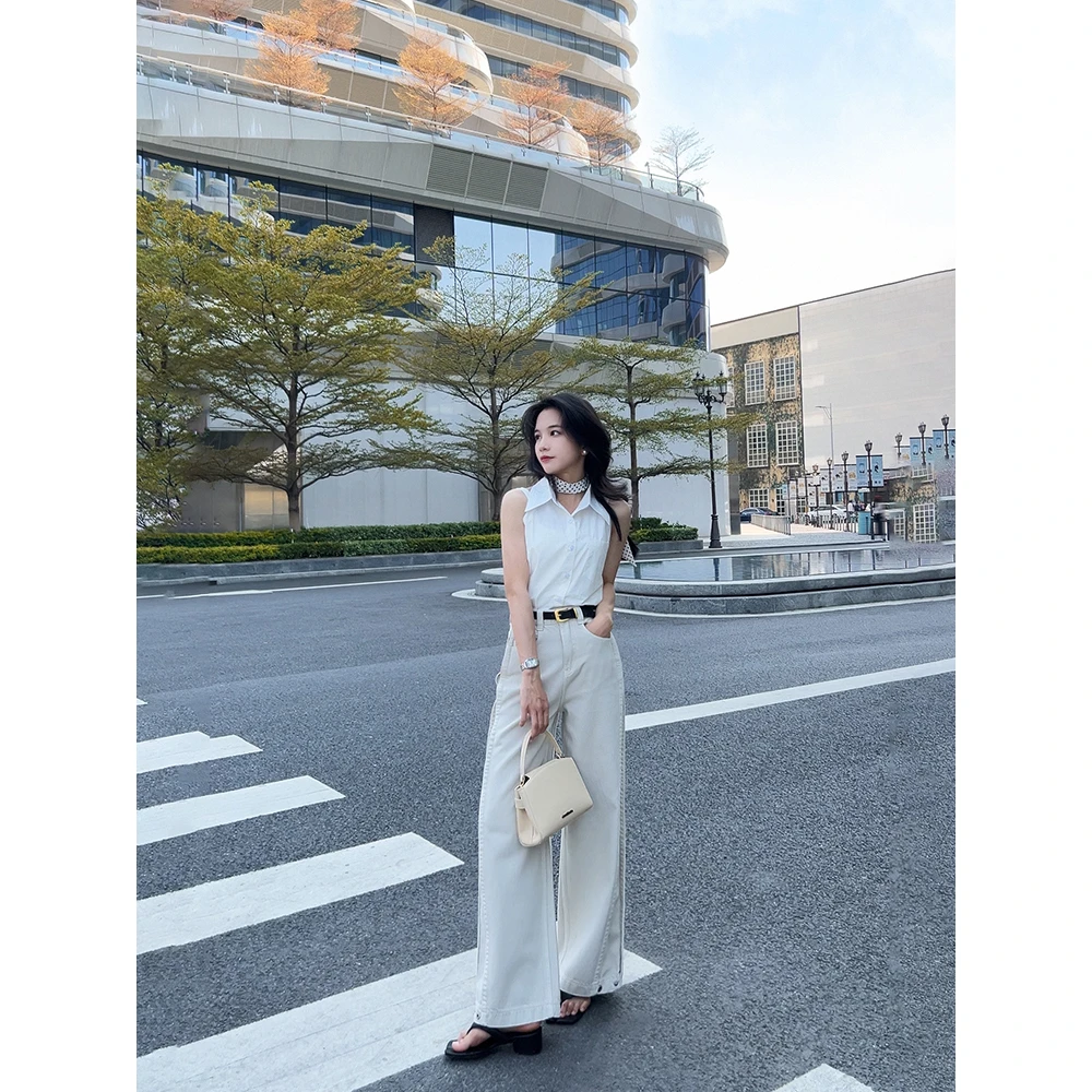 沙杏白阔腿牛仔裤慵懒甜美风显瘦小个子牛仔裤女款爆款2025新款