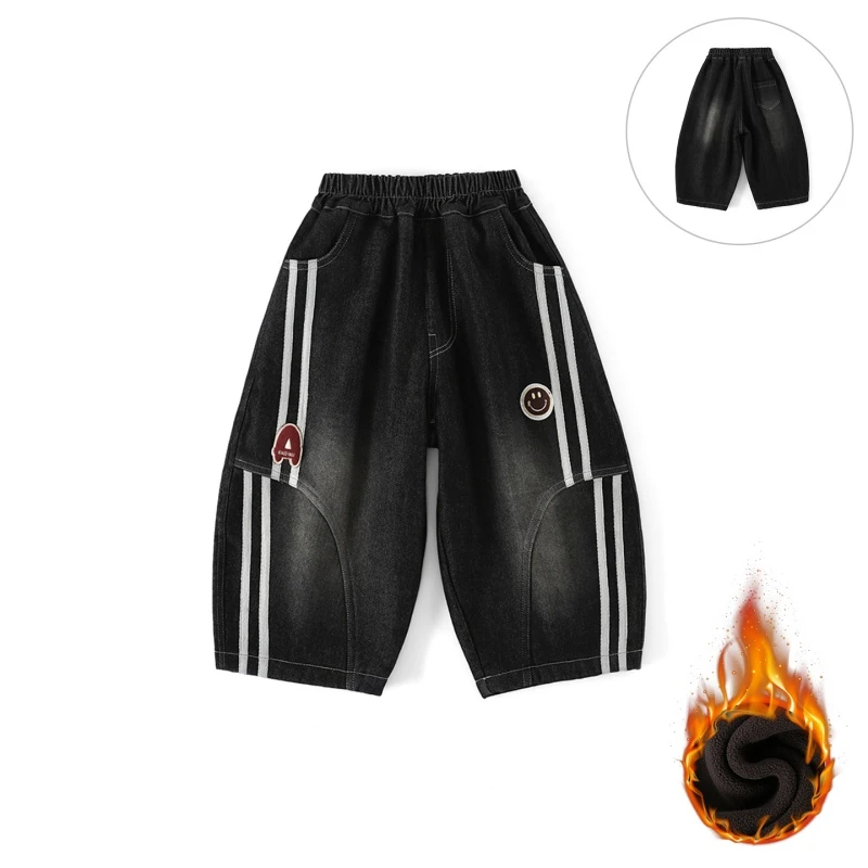 现货 博瑞妈【加绒】儿童牛仔裤冬季新款男童拼接复古保暖裤子CK427