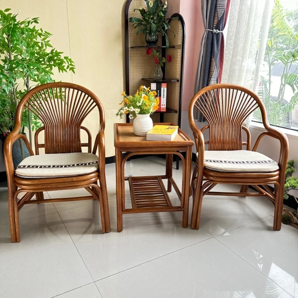 6008-2浅色粗单杆藤椅手工休闲椅阳台酒店桌椅简约家用单人藤椅