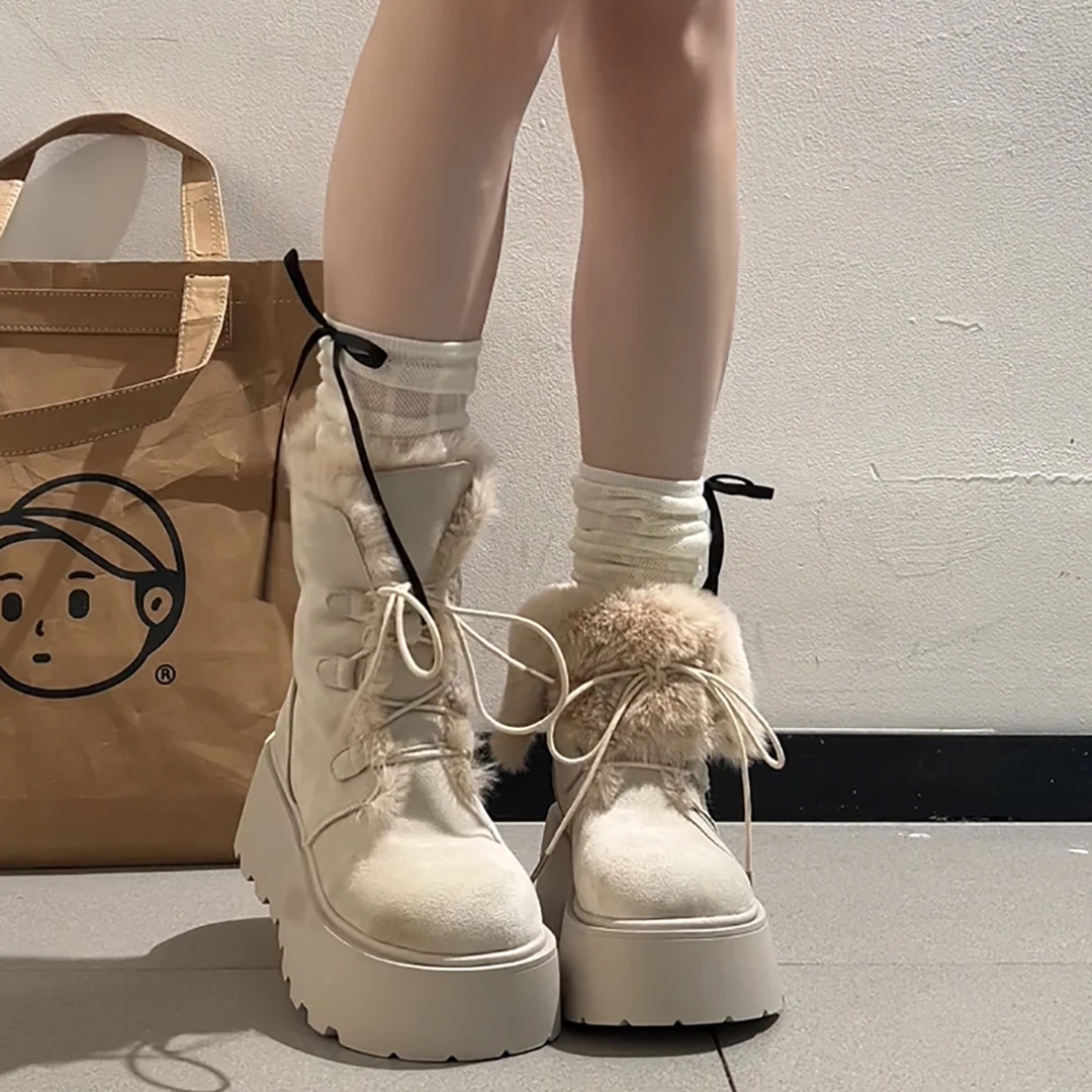白色复古加绒加厚防滑厚底雪地靴女2025新款冬季外穿增高保暖棉鞋