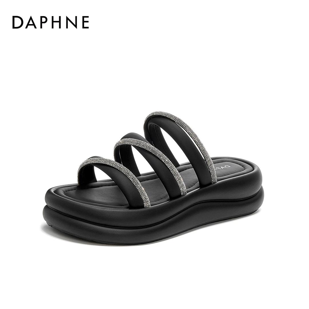 达芙妮2025年夏季新款一字拖水钻拖鞋鞋沙滩鞋ins时尚露趾凉鞋女