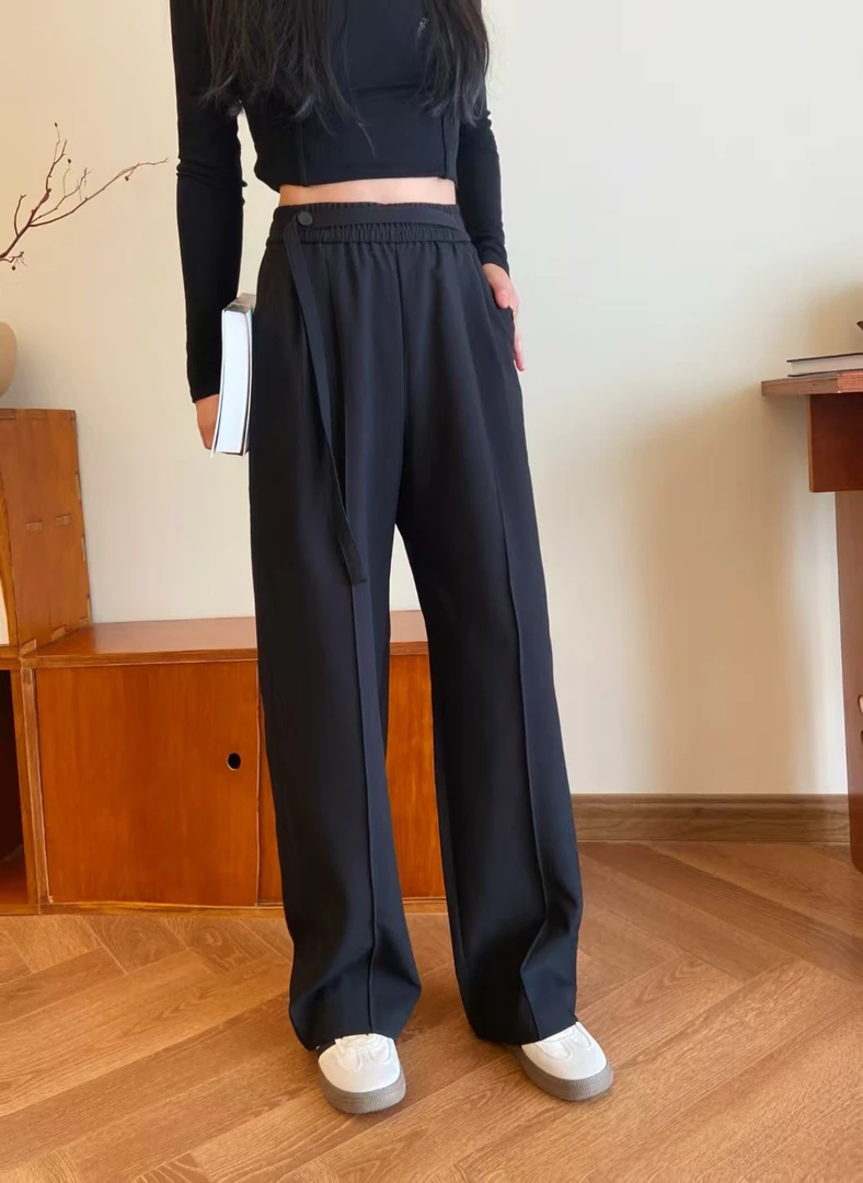 (0305）黑色垂感高腰2025新款原创设计直筒长裤通勤休闲西装裤
