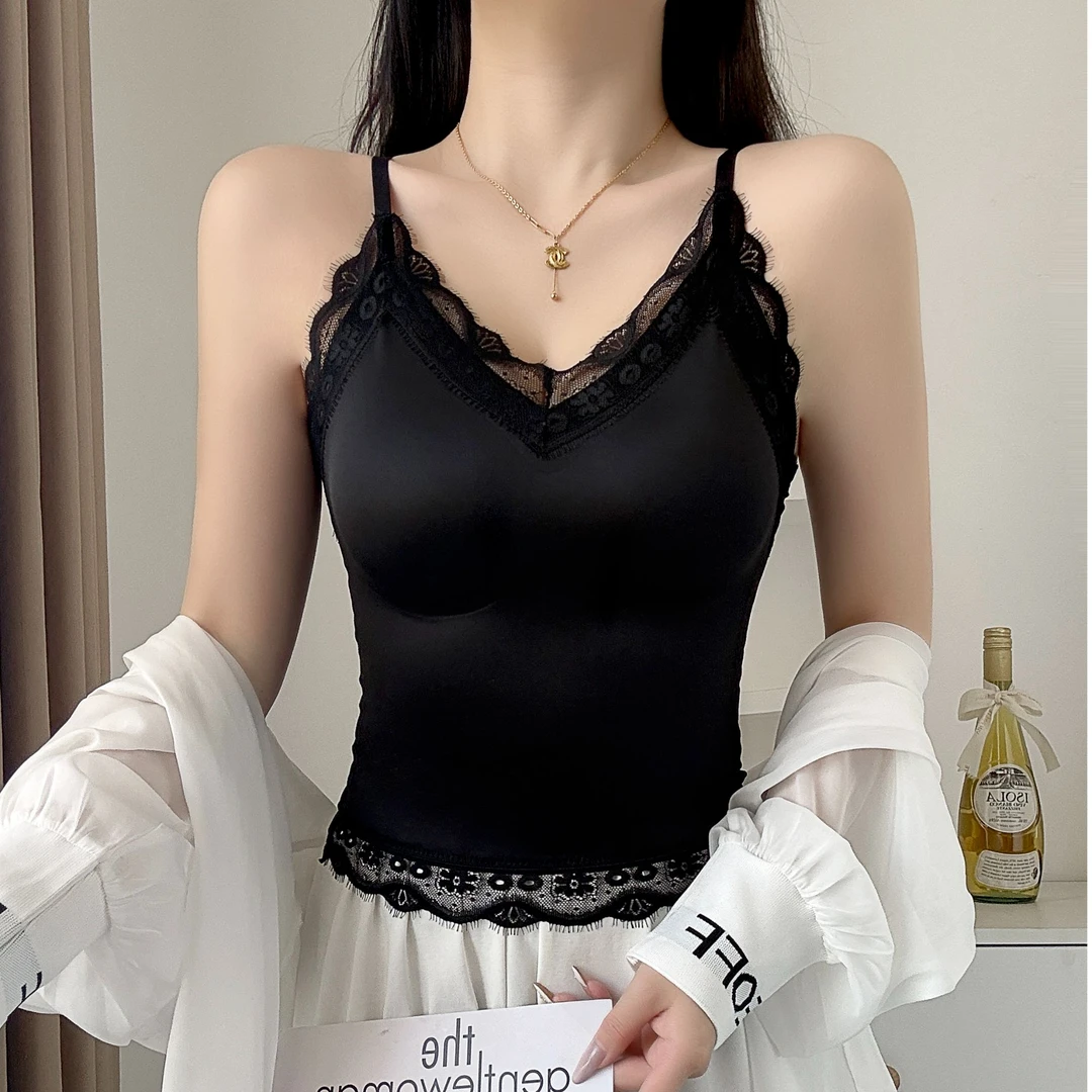 轻奢缎面睫毛蕾丝女士背心一体杯聚拢修身无钢圈内衣吊带性感蕾丝