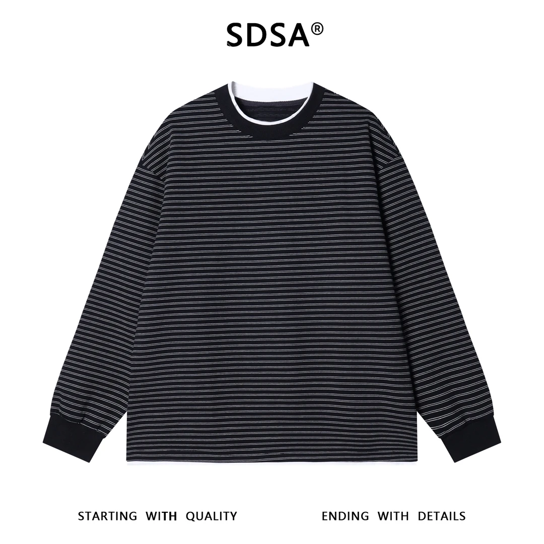 SDSA男士秋冬新款痞帅男装韩版拼接领口撞色条纹圆领卫衣百搭舒适