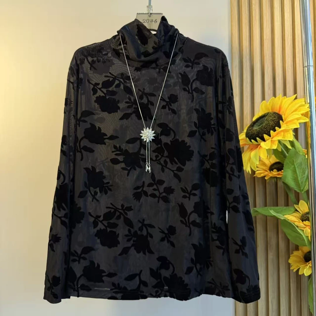 性感大码女装微透视网纱植绒烧花上衣秋冬高领显瘦百搭长袖打底衫