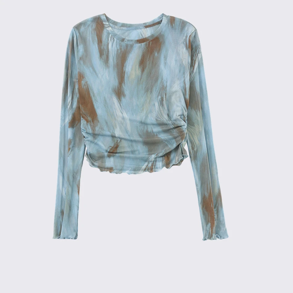 【油画蓝】百搭夏季短款长袖罩衫女显瘦薄扎染网纱上衣T恤气质20557