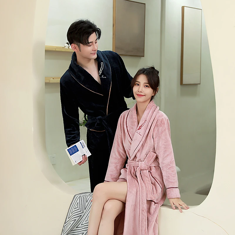 睡袍女情侣冬季加厚珊瑚绒长款睡衣男士加绒大码浴袍法兰绒睡裙