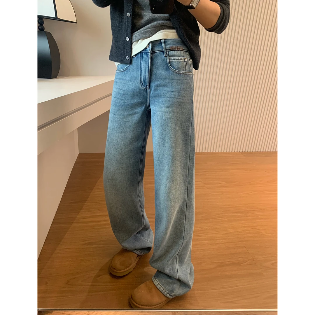 “冬日神裤”加厚宝宝绒浅蓝色百搭牛仔裤中窄版阔腿裤