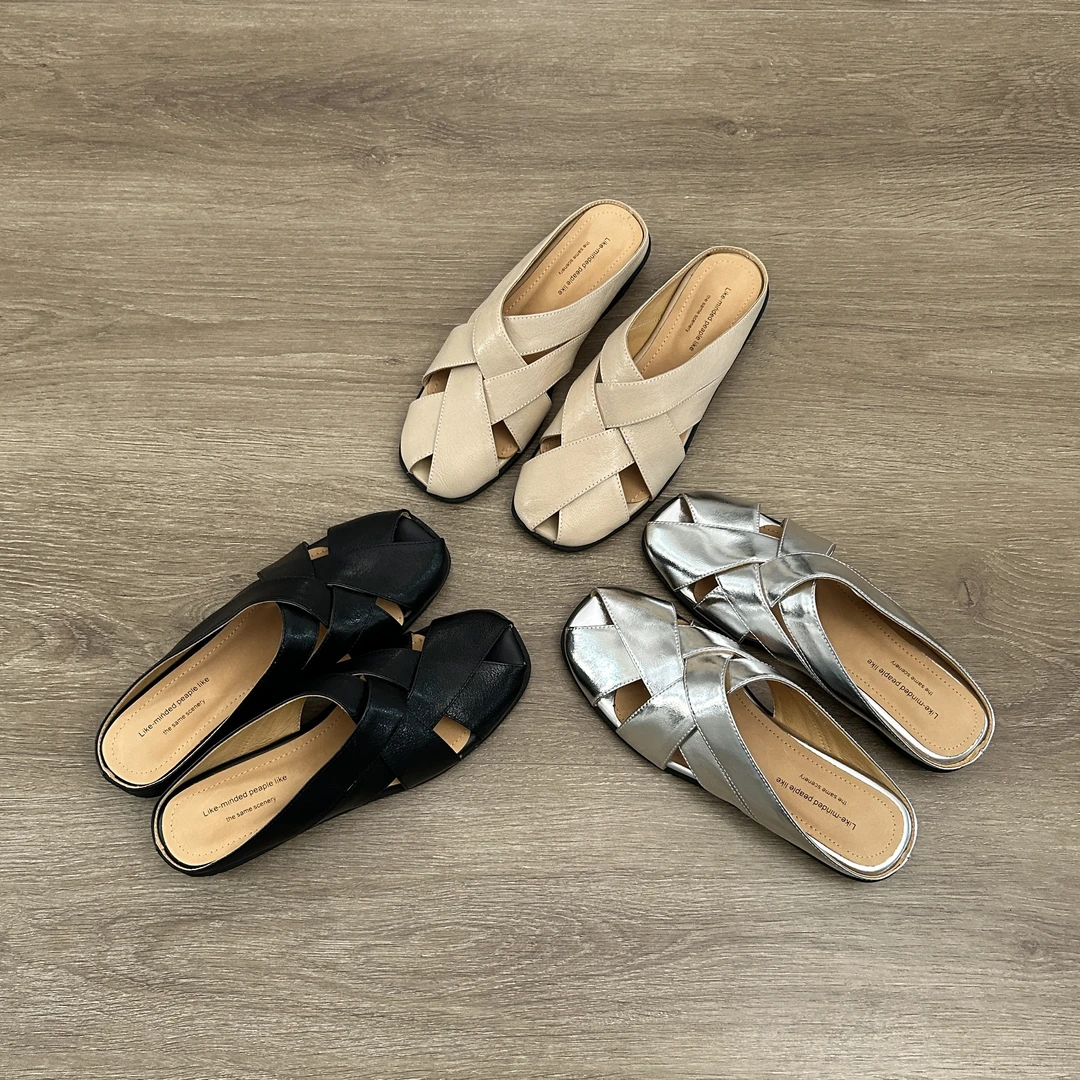 Dannyfrey春夏季真皮编织罗马穆勒鞋外穿半拖包头女一脚蹬凉鞋