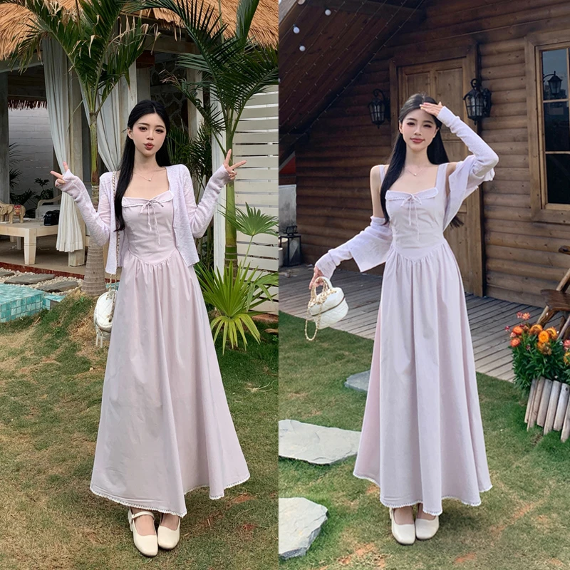 1960#春夏款大码法式宽肩带收腰连衣裙浅紫色防晒开衫吊带裙套装
