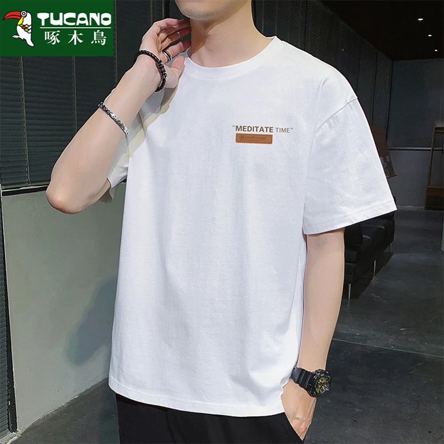 啄木鸟夏季男士短袖T恤打底衫上衣短袖t恤宽松纯棉印花百搭半袖