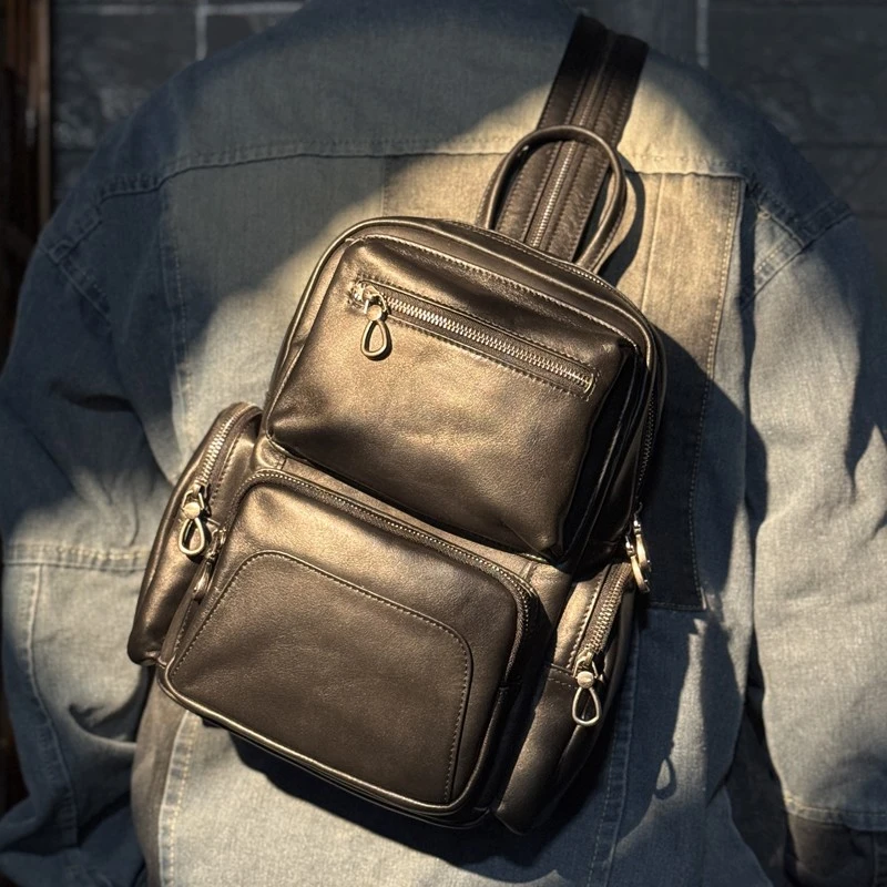 头层牛皮多功能小背包真皮包韩版单肩斜挎包休闲双肩背包男女胸包