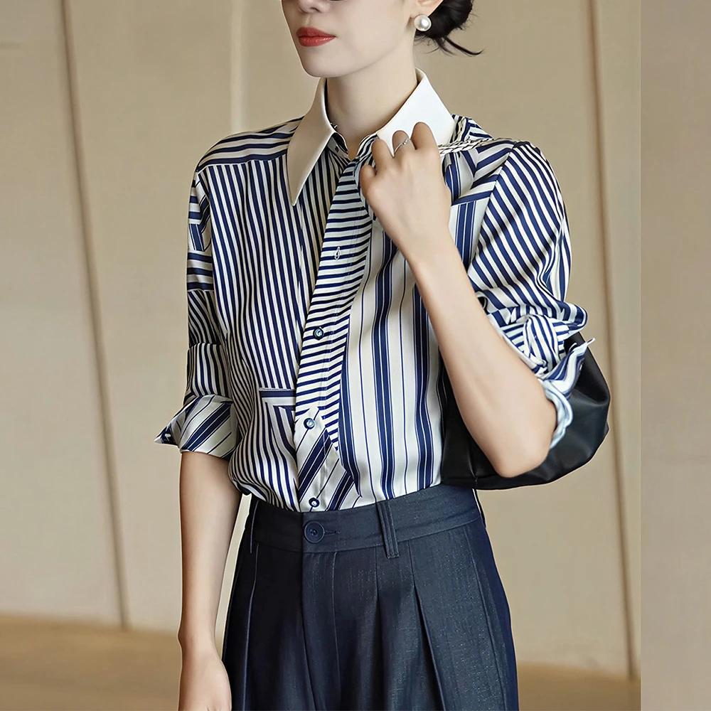 秋季新款女撞色条纹长袖衬衫时尚高级感宽松显瘦减龄洋气衬衣上衣