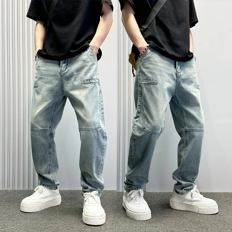 HKYC2025新款立体水洗松紧腰牛仔裤男夏薄款宽松直筒裤男士裤子