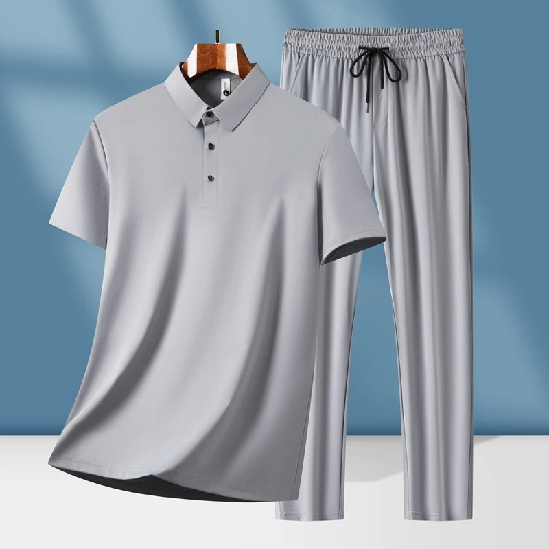 高端纯色无痕半袖青年商务休闲运动套装夏季透气冰丝弹力男士套装