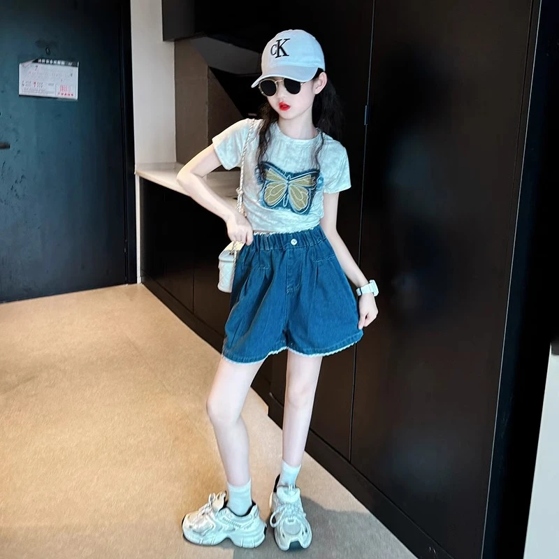 女童夏季套装2025新款洋气中大童时髦短袖6-12岁夏装儿童牛仔短裤