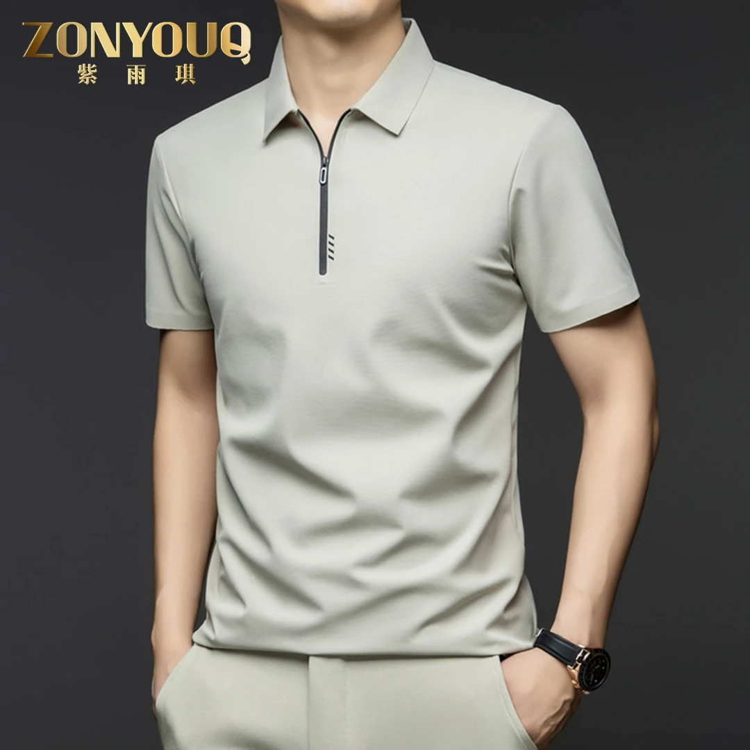 ZONYOUQ拉链polo衫男士夏季薄款清凉短袖纯色轻商务休闲翻领衬衣