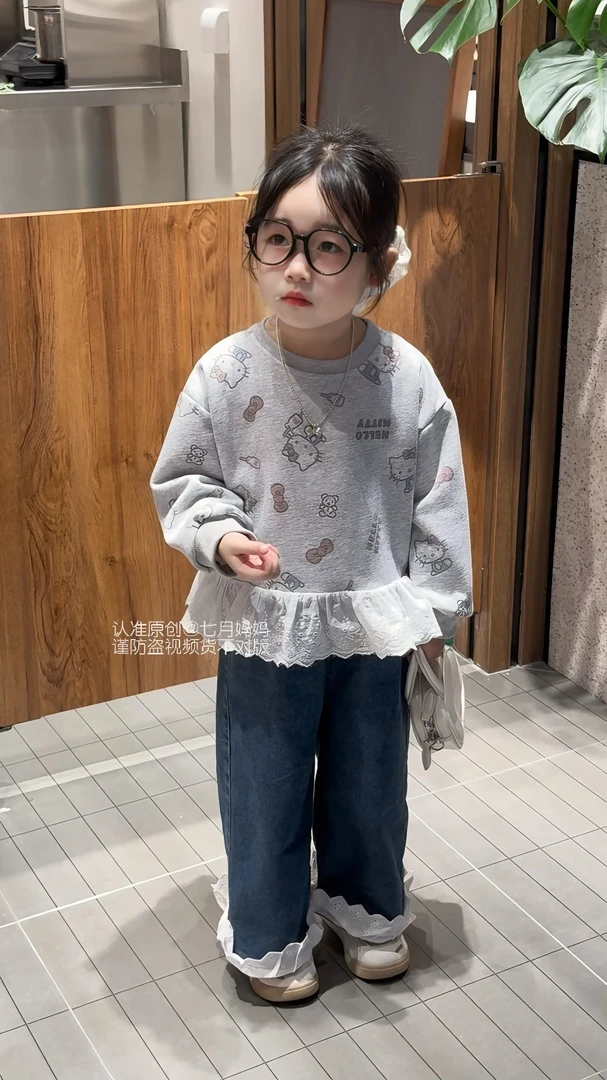 女童韩系kt猫套装春秋季儿童洋气卫衣牛仔裤两件套