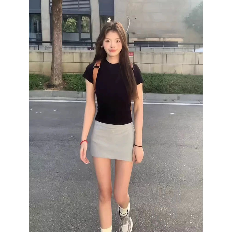 美式基础款正肩短袖棉T恤女辣妹修身短款收腰纯色内搭紧身上衣夏