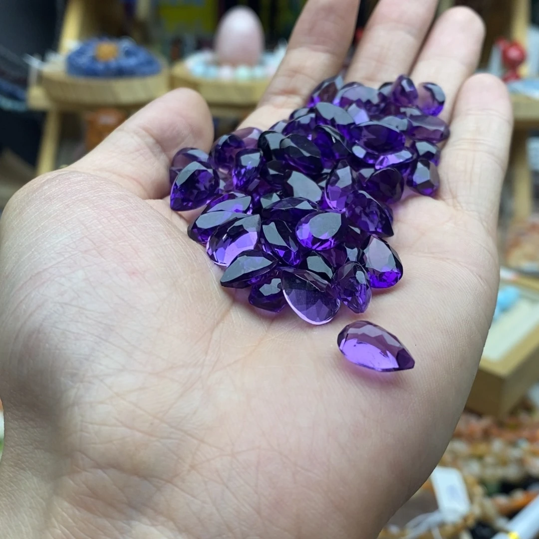 玛瑙/玉髓未镶嵌珠宝半成品三个精品透体紫水晶水滴戒面无孔C150