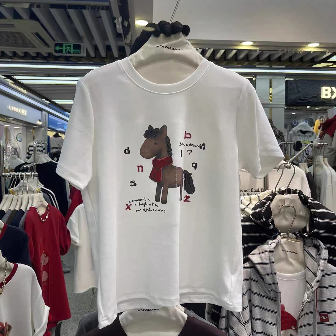 25233 韩系设计感小马图案圆领短袖T恤女新款减龄上衣