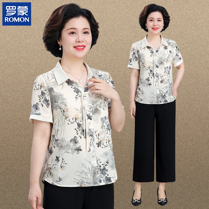罗蒙国风妈妈装夏季两件套中年女显瘦夏季上衣中老年新款高档套装