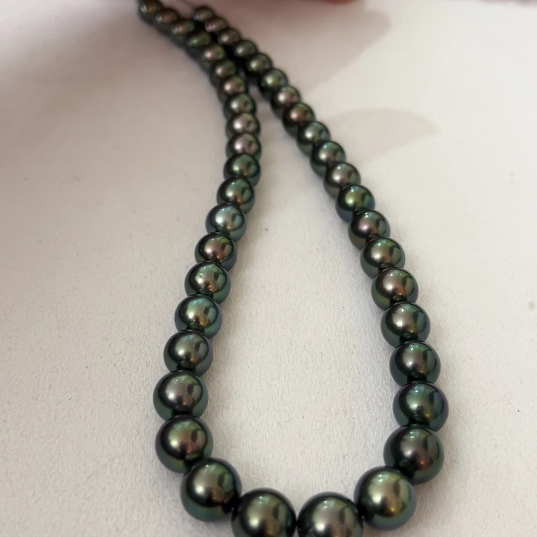 银S925镶嵌海水珍珠颈饰孔雀绿9-11