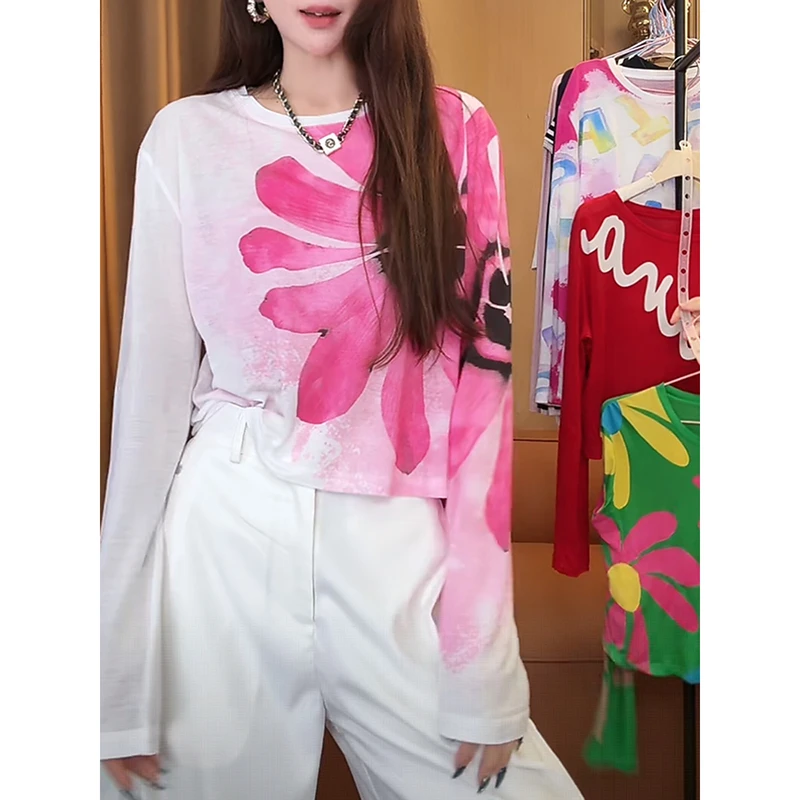 休闲风复古涂鸦印花长袖T恤女2025夏季新款短款时尚防晒罩衫上衣