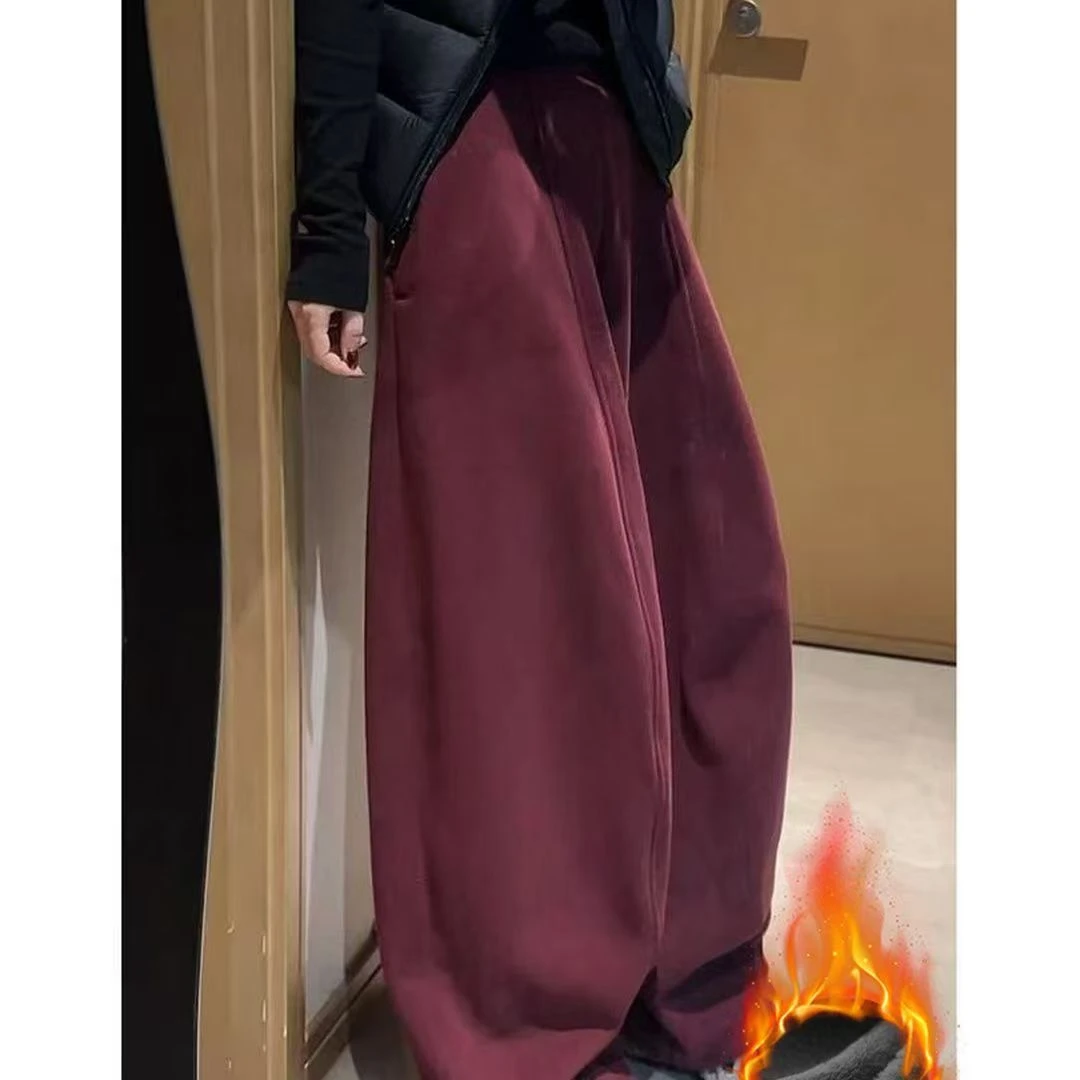 2025新款韩系加厚加绒松紧腰宽松女冬季无廓形弯刀阔腿气球裤