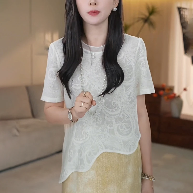 圆领不规则短袖t恤女夏季2025新款时尚显瘦减龄独特别致蕾丝上衣