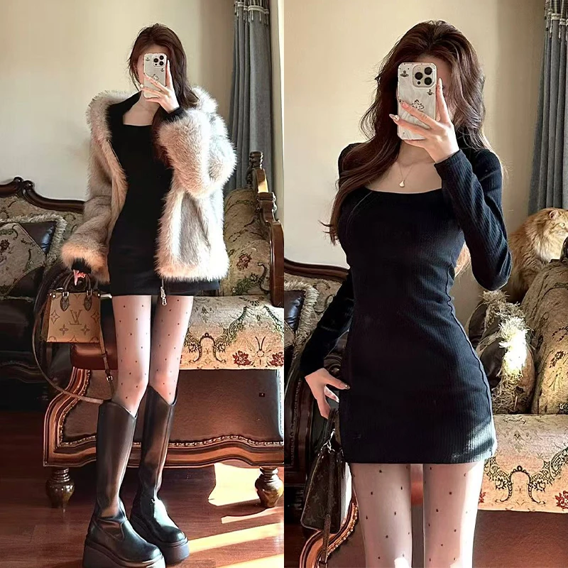 黑色修身方领包臀裙显瘦裙子女春秋爆款2025新款连衣裙长袖小黑裙