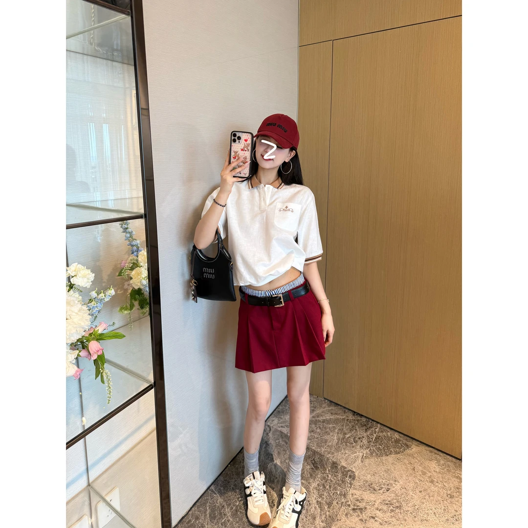 NancyCavally专柜款凉爽呼吸感亚麻 运动学院风撞色POLO领短袖T恤