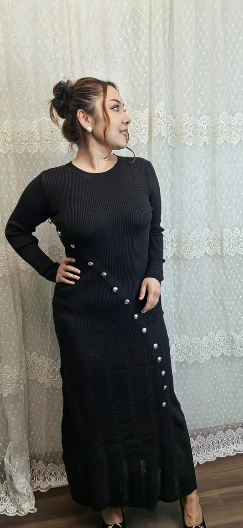 气质通勤高腰长袖开叉混纺连衣裙优雅风