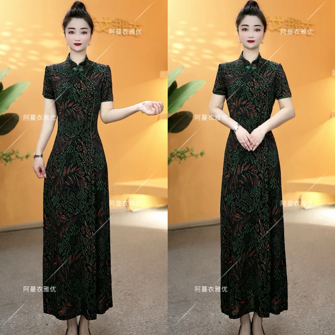 【衣雅严选】8088-1639#夏季新款修身简约款面烫金立领旗袍裙