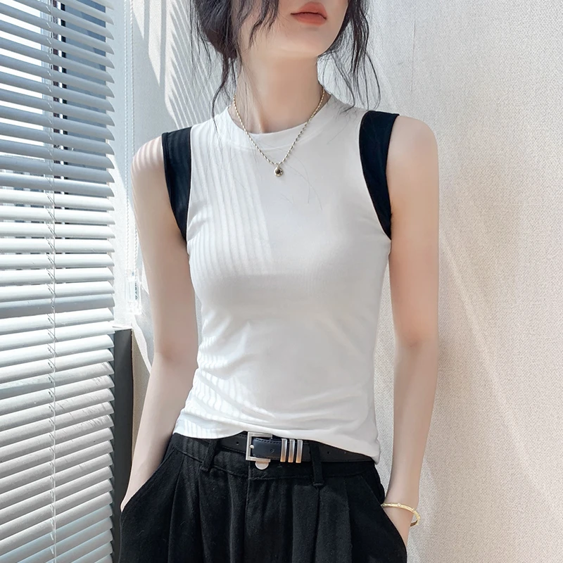 无袖撞色拼接无袖圆领背心女夏季设计感修身显瘦衬衫内搭别致上衣