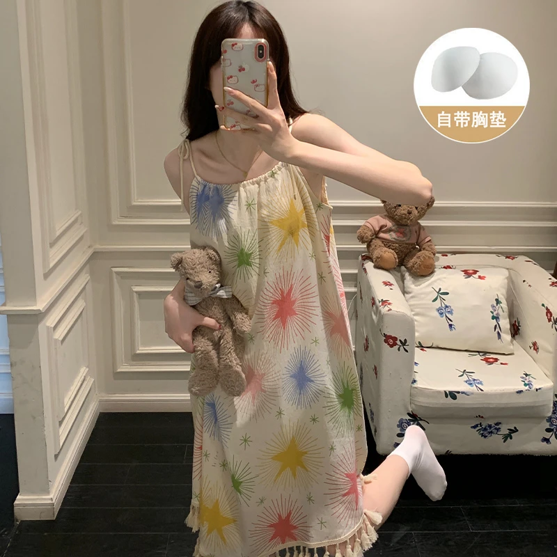 夏季薄款带胸垫纯欲甜美吊带睡裙女2025年新款睡衣休闲睡衣家居服
