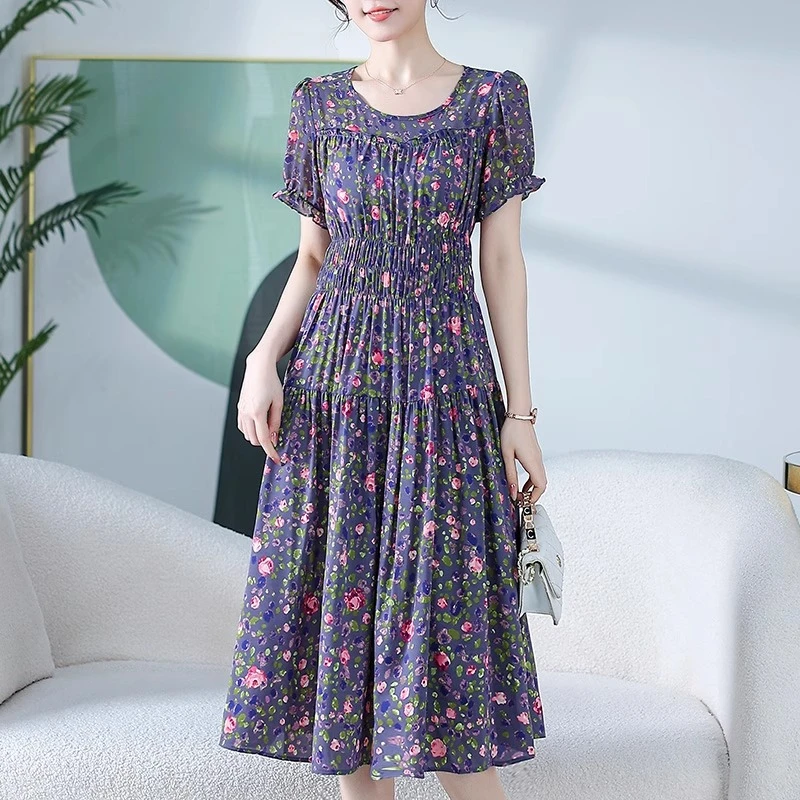 洋气时尚短袖碎花连衣裙女2025夏季新款收腰显瘦减龄妈妈印花裙子
