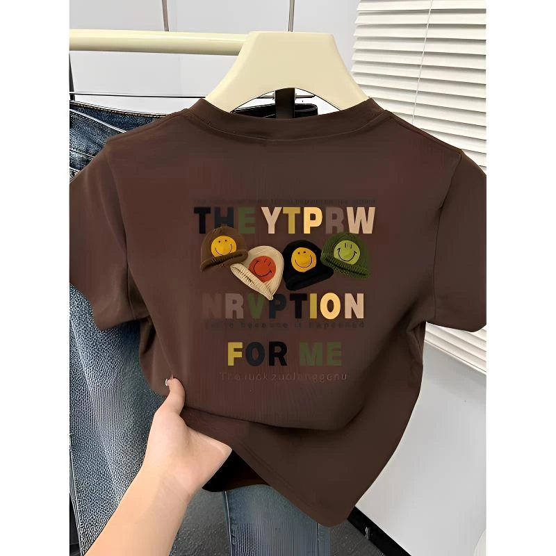 正肩短袖女t恤小个子2025夏季新款韩版休闲百搭圆领前后印花上衣