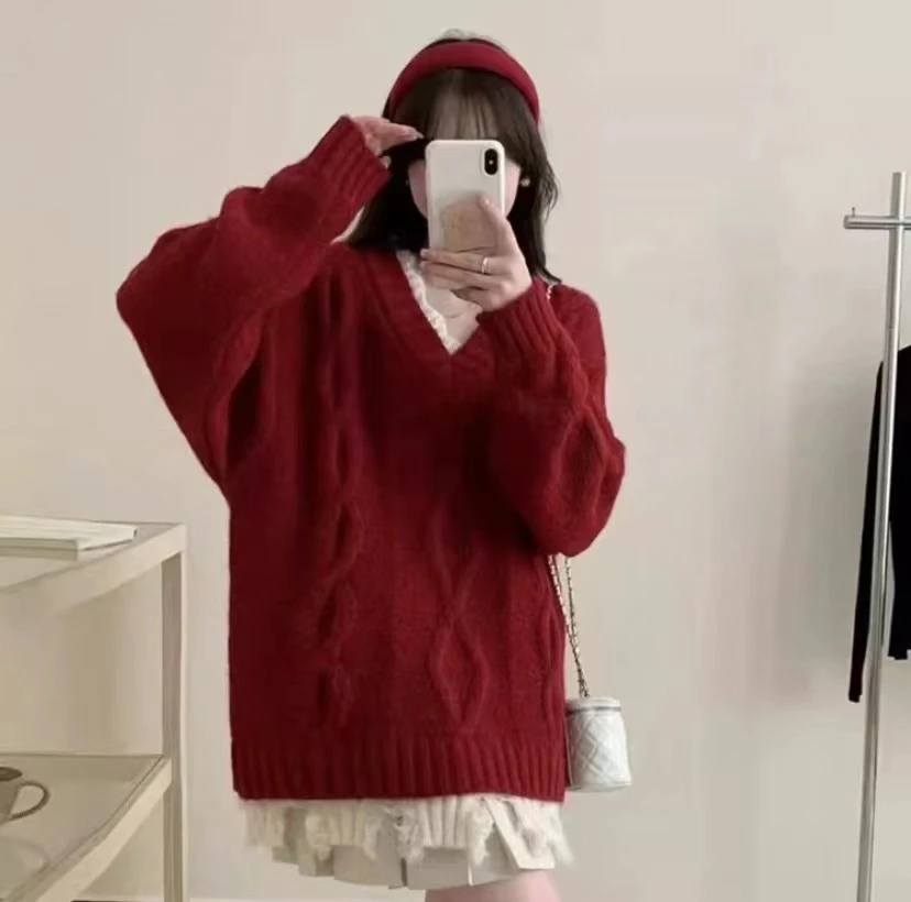 长袖菱格纹厚款衣女款秋冬圆领百搭宽松保暖针织上255024