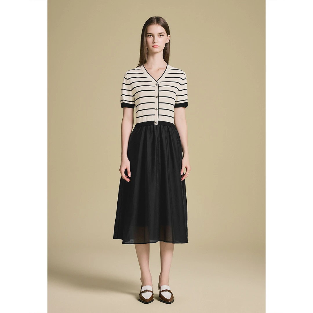 PSALTER诗篇 2025年夏季复古黑白条纹拼接连衣裙6C65206493