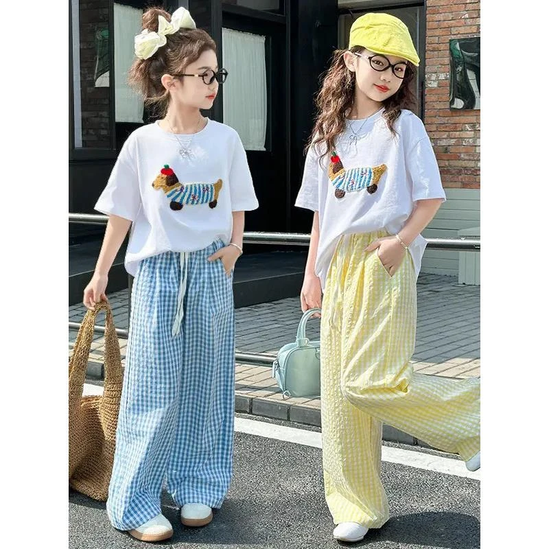 毛巾绣女童夏季韩版短袖T恤格子裤套装中大童女孩时髦儿童夏装潮