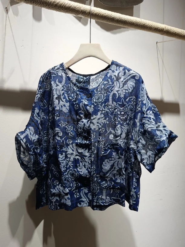 夏季新款印花苎麻上衣复古宽松圆领开衫炒色做旧休闲女士衬衫上衣