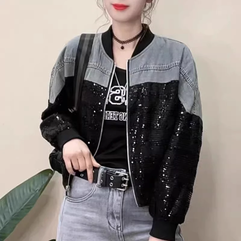 亮片拼接牛仔外套女2025秋新款休闲韩版宽松设计感短款夹克衫上衣