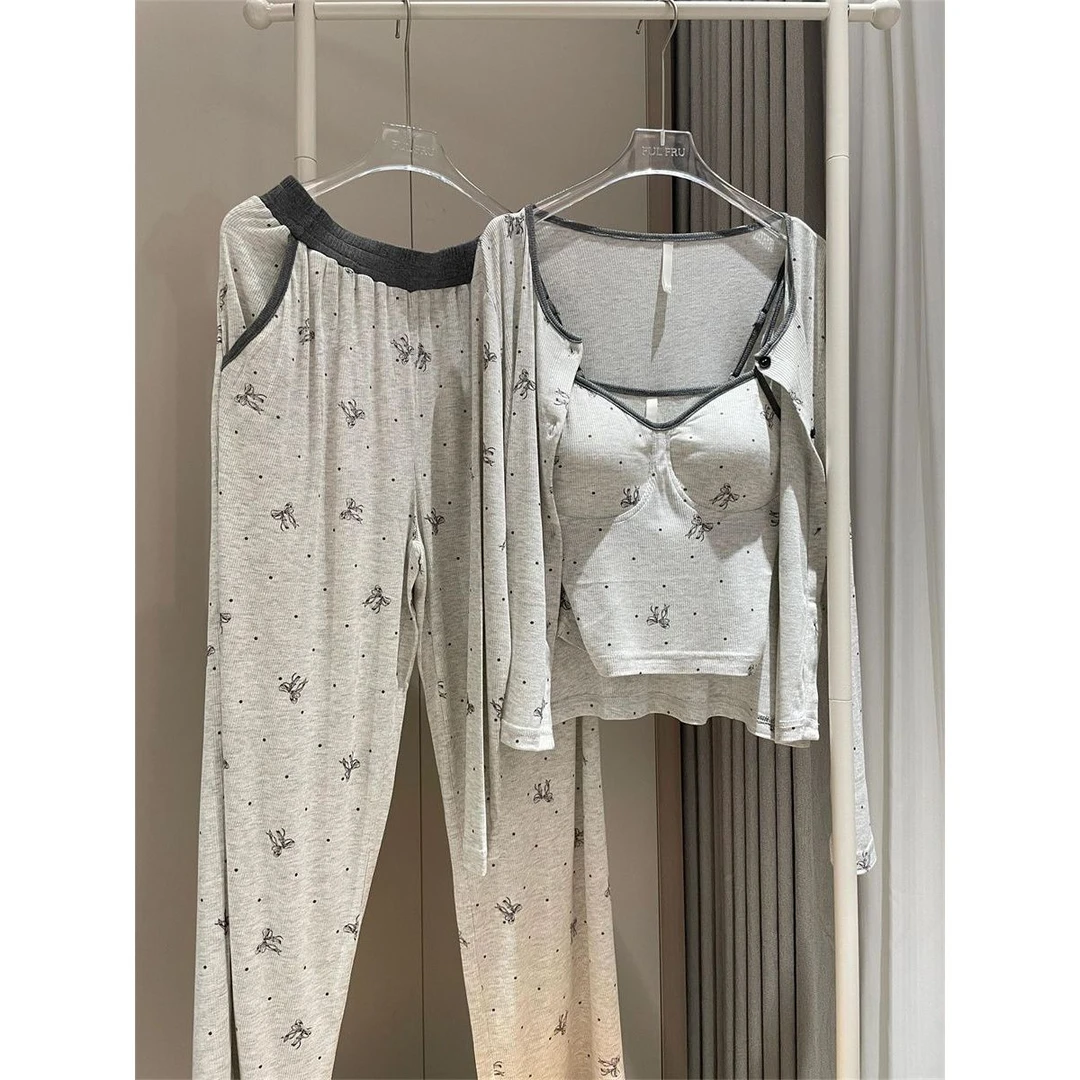 带胸垫欲纯风性感吊带睡衣2025春秋女款蝴蝶结印花大码家居服套装